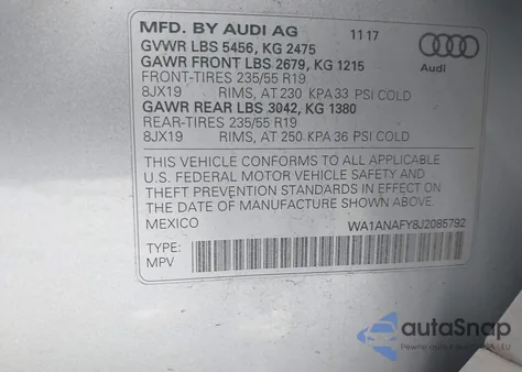 2018 Audi Q5 2.0T Premium/2.0T Tech Premium из США, поврежденный, VIN WA1ANAFY8J2085792